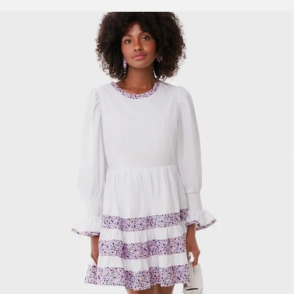 Pomander Place Purple Floral Tiered Fran Mini Dress White Purple Combo - NWT